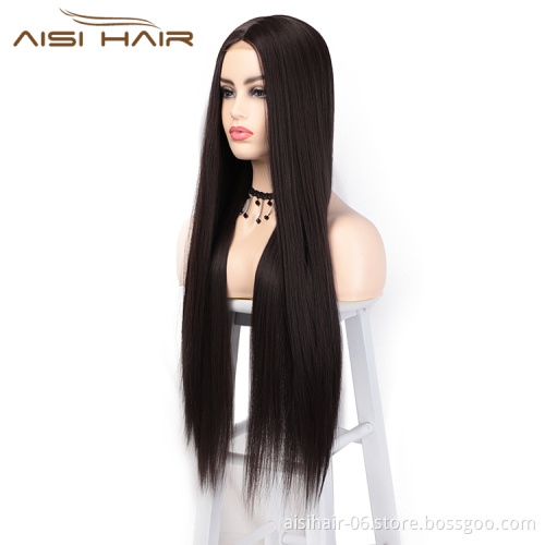 Aisi Hair Cheap 26 Inch Brown Wig Long Straight Silky Lace Frontal Wig Middle Part Synthetic Front Lace Hair Wigs For Women